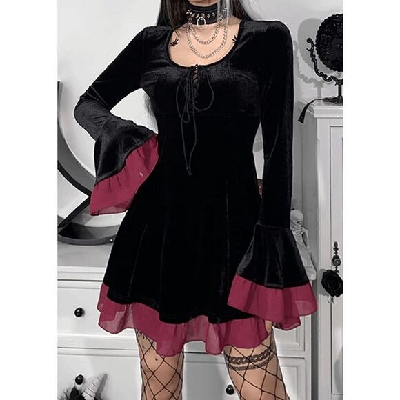 🖤 Goth Lace-Up Retro Black Velvet Long Flare Sleeve Steampunk Dress SIZE M NEW - Picture 3 of 15